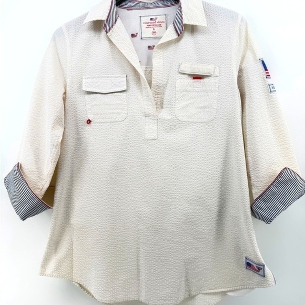 Vineyard Vines Performance Seersucker Pullover Top White American Flag Womens 6